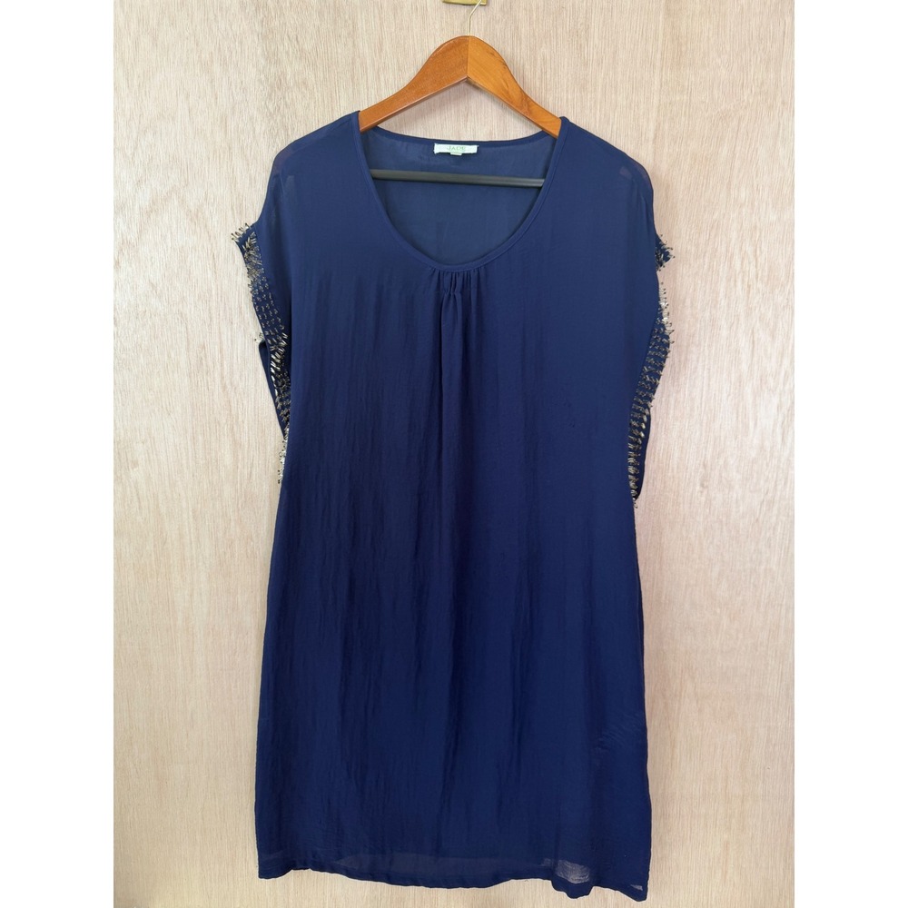 Jade Melody Tam Navy Blue Beaded Sleeve Shift Dress Women XL Scoop Neck Pleated